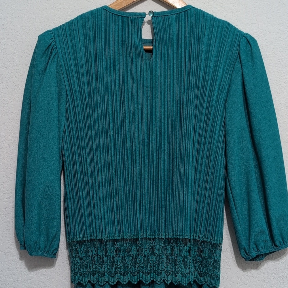 Good Times 80s Vintage Pleated Party Cocktail Dress Teal Size 8P Lace Detail - Picture 6 of 11